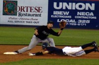 The B-Mets Wayne Lydon steals second base in the fifth inning as Fisher Cats Dominic Rich waits the throw from Paul Chiaffredo. Lydon had two stolen bases in the 2-1 B-Mets win