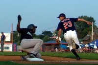 New Hampshire s Tyrell Godwin is safe at third in the first inning against the Binghamton Mets. Godwin was one of 10 runners the Fisher Cats stranded on base in a 2-1 loss