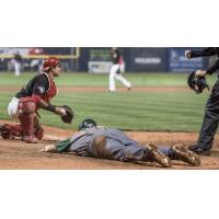 Vancouver Canadians catcher Chris Bec after tagging out Boise Hawks catcher Willie Maciver
