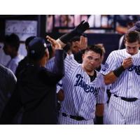 Donny Sands receives congratulations in the Tampa Tarpons dugout