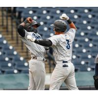 Estevan Florial and Oswaldo Cabrera celebrate for the Tampa Tarpons