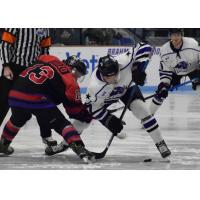 Odessa Jackalopes forward Mike Manzo (left) faces off with the Lone Star Brahmas