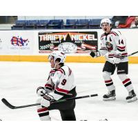 Odessa Jackalopes forwards Lucas Coon (9) and Fletcher Anderson (14) react after a Coon goal