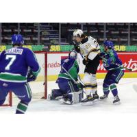 Brandon Wheat Kings right wing Lynden McCallum scores against the Swift Current Broncos