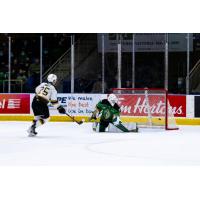Tyson Zimmer of the Brandon Wheat Kings scores against the Prince Albert Raiders