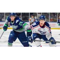 Tri-City Americans defenceman Alex Serraglio (right) vs. the Seattle Thunderbirds