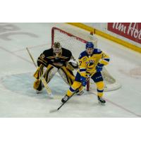 Brandon Wheat Kings goaltender Ethan Kruger against the Saskatoon Blades
