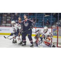 Tri-City Americans set up in front of the Kamloops Blazers net