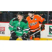 Binghamton Black Bears forward Gavin Abbott (left) vs. the Danbury Hat Tricks