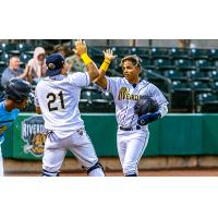 Charleston RiverDogs exchange high fives at home