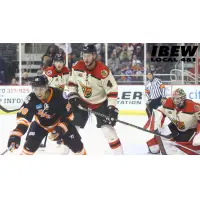 Fort Wayne Komets' Xavier Cormier and Indyy Fuel's Kirill Chaika on game night