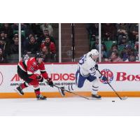 Belleville Senators' Zack Ostapchuk and Toronto Marlies' Topi Niemela in action