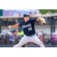 Shane Gray pitching for the Hudson Valley Renegades in 2023