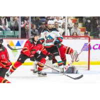Kelowna Rockets look for a score in front of the Prince George Cougars goal