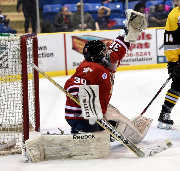 Tomahawks Goaltender Nick DeSimmone Makes a Save vs. the Soo Eagles