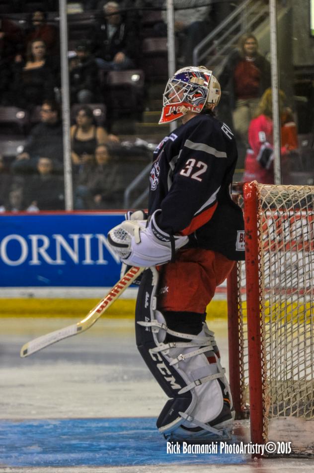 Travis Fullerton of the Elmira Jackals vs. Wheeling Nailers