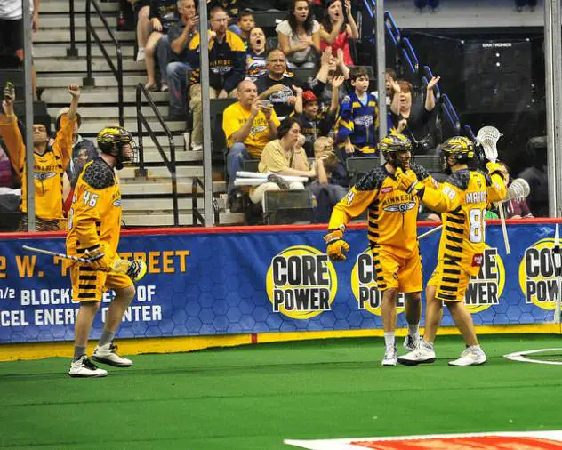 Minnesota Swarm Celebrate Goal vs. Rochester Knighthawks