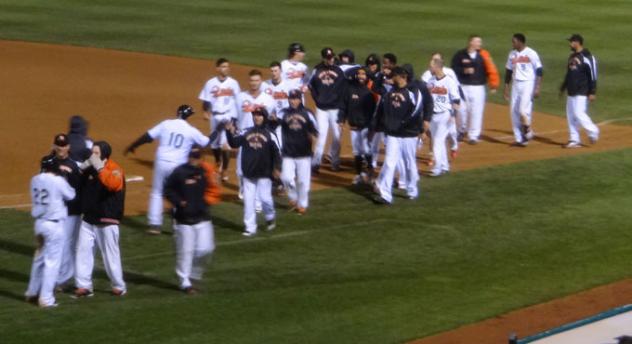 Long Island Ducks Congratulate Each Other on Win