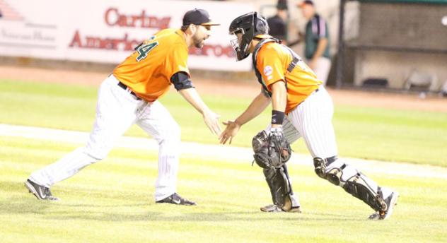 Ryan Kussmaul and Jose Morales of the Long Island Ducks