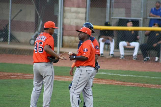 Greeneville Astros Manager Lamarr Rogers Talks with Pitcher Cristhopher Santamaria