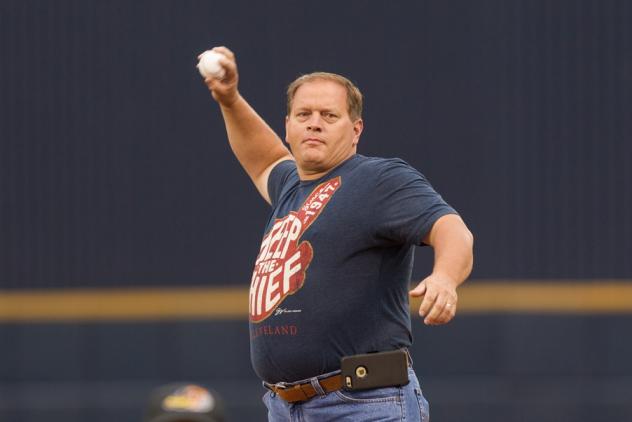 Christopher Lee of C. Lee Services Throws out the First Pitch for the Akron RubberDucks