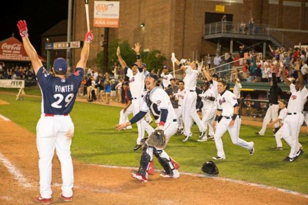 Brian Pointer of the Reading Fightin' Phils Celebrates All-Star Game Winning Homer