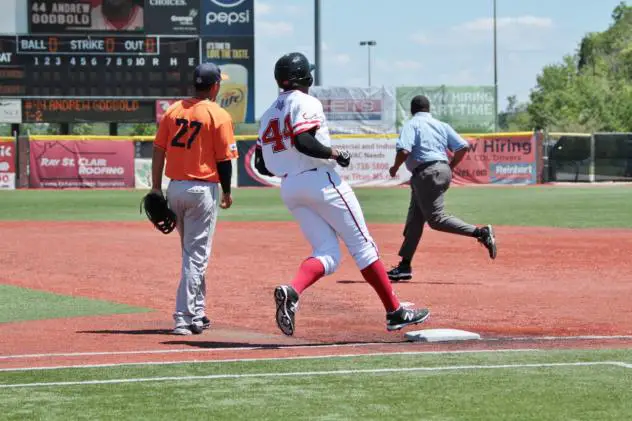 Andrew Godbold of the Florence Freedom Reaches First Base