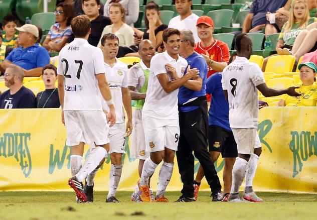 Bruno Nunes of the Fort Lauderdale Strikers Gets Congratulated