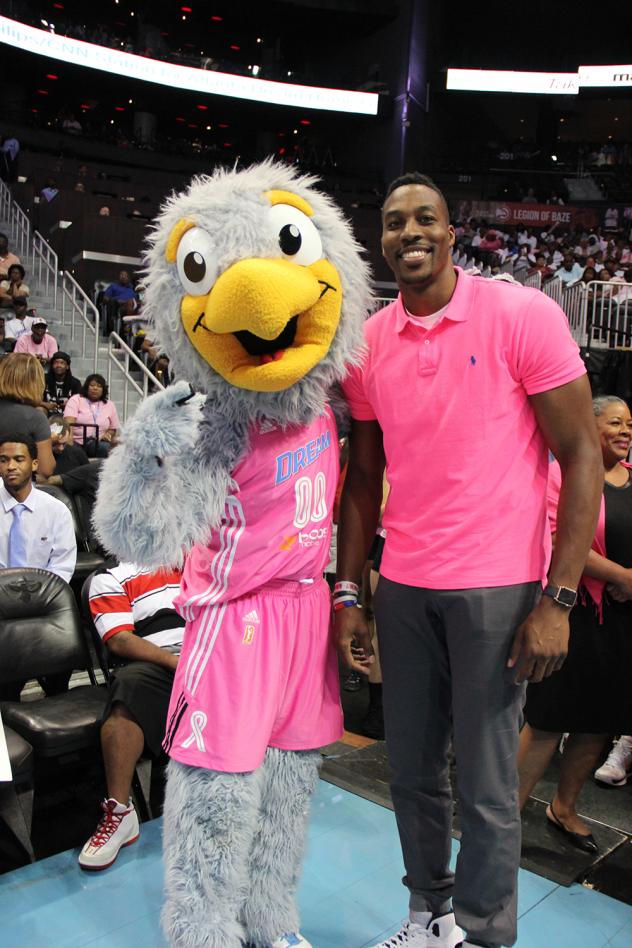 NBA Star Dwight Howard and Mascot at Alanta Dream's Breast Health Awareness Game, August 2