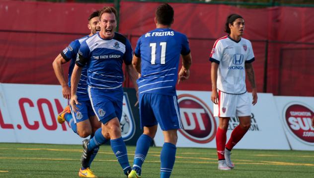 FC Edmonton Celebrates Goal