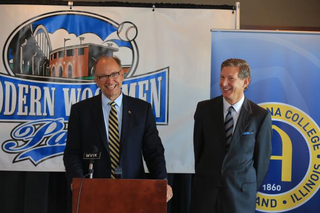 Augustana College President Steve Bahls (Left) and River Bandits owner Dave Heller (Right)