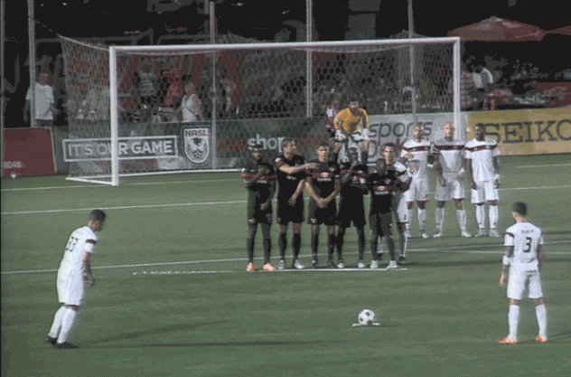Junior Burgos of the Atlanta Silverbacks Lines up for a Free Kick