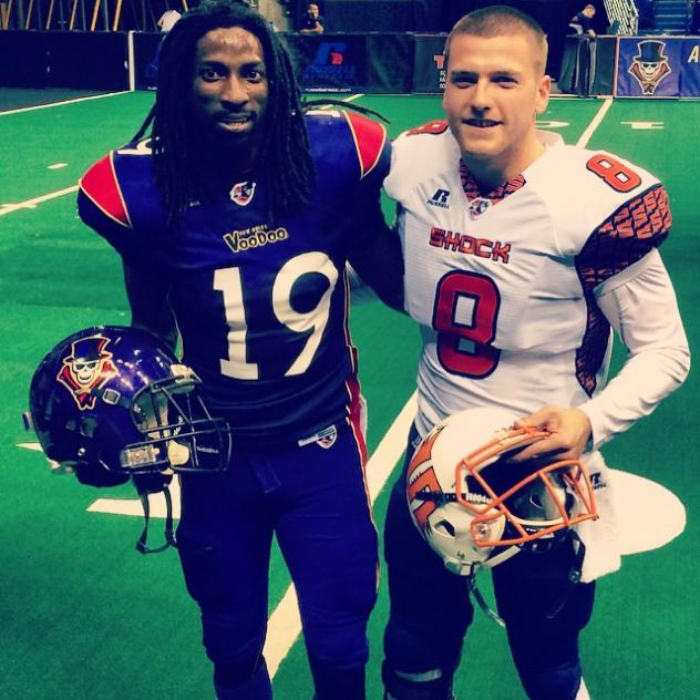 Spokane Shock QB Warren Smith with New Orleans VooDoo WR Roger 