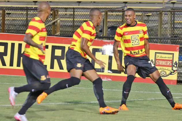 Fort Lauderdale Strikers Forward Stefano Pinho Celebrates a Goal with Teammates