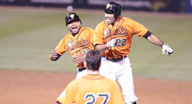 Fehlandt Lentini and Elmer Reyes Celebrate Long Island Ducks Win
