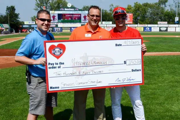 Mitchell Gunsolus Accepts Lowell Spinners Community MVP Check