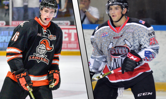Grant Gabriele with the Omaha Lancers and Defenseman Michael Joyaux with the Chicago Steel