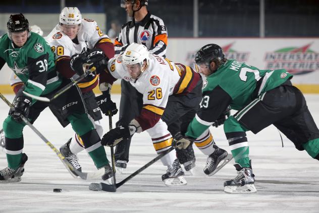 Jacob Doty (28) and Spencer Asuchak (26) of the Chicago Wolves vs. the Iowa Stars
