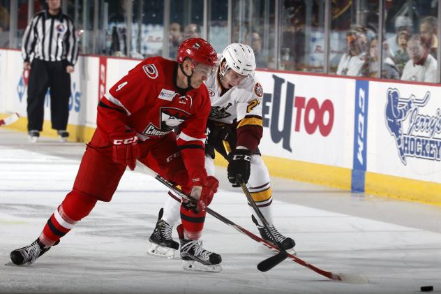 Jordan Caron of the Chicago Wolves Battles for the Puck vs. the Charlotte Checkers