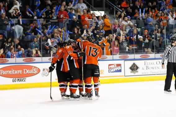 Missouri Mavericks Celebrate a Power-Play Goal against the Wichita Thunder