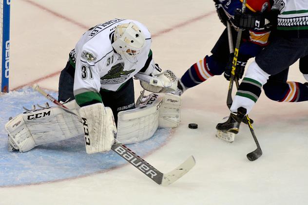 Florida Everblades Goaltender Daniel Altshuller Prepares to Smother the Puck