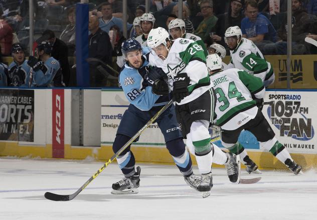 Matej Stransky of the Texas Stars (28) Skates against the Milwaukee Admirals