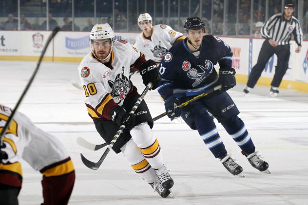 Zach O'Brien of the Chicago Wolves Chases the Puck vs. the Manitoba Moose