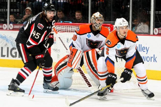 Zack Stortini of the Binghamton Senators in Front of the Lehigh Valley Phantoms Goal