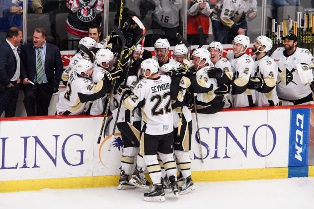 Wheeling Nailers Defensemen Clark Seymour Celebrates with Wheeling Nailers Teammates