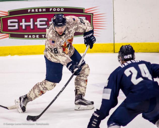 Johnstown Tomahawks Forward Luke Lynch Shoots at the Wilkes-Barre/Scranton Knights Net