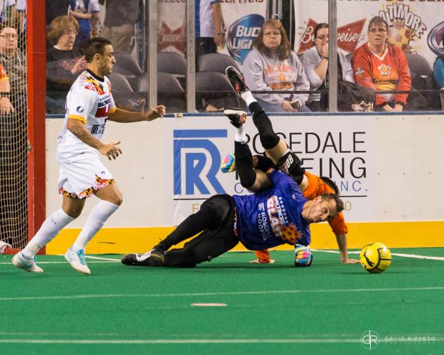 Baltimore Blast Goalkeeper William Vanzela Topples a Syracuse Silver Knights Player