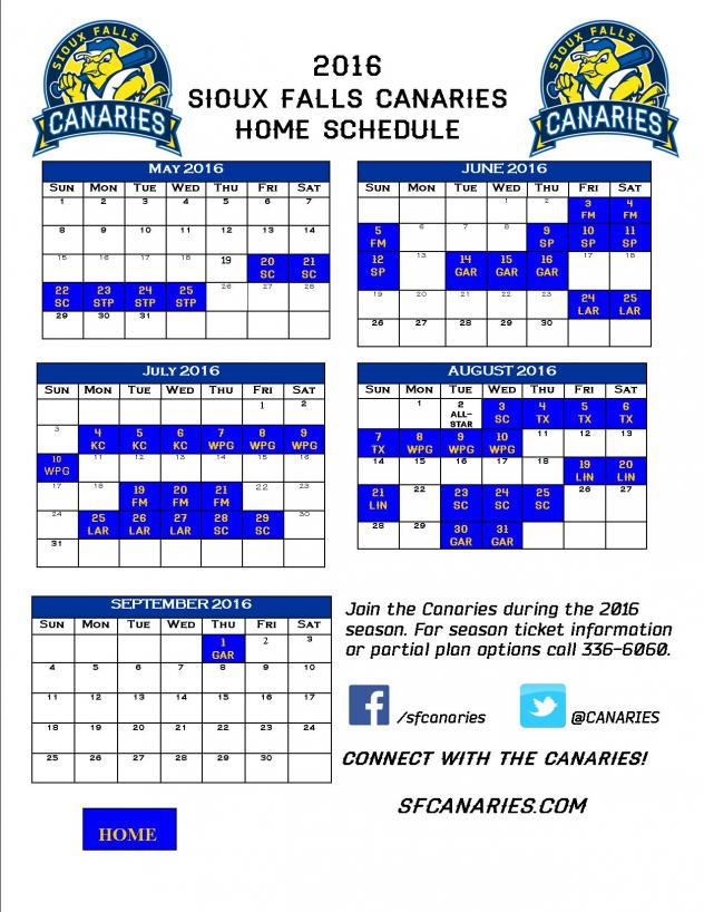 Sioux Falls Canaries 2016 Season Schedule