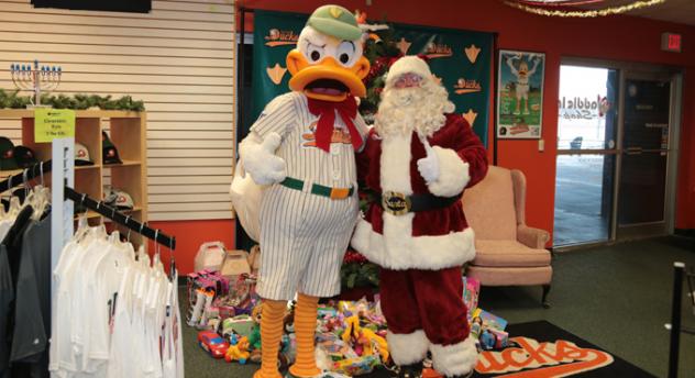 Long Island Ducks Mascot QuackerJack and Santa Claus