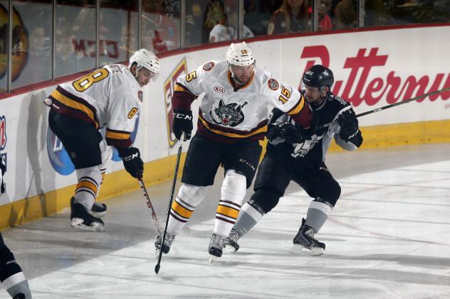 Ty Rattie (8) and Jeremy Welsh (15) of the Chicago Wolves vs. the San Antonio Rampage